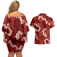 Mokihana Maile and Ilima Leis Couples Matching Off Shoulder Short Dress and Hawaiian Shirt Ulaʻula Hawaiian Tapa Quilt Pattern LT9 - Polynesian Pride