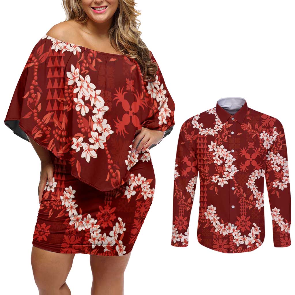 Mokihana Maile and Ilima Leis Couples Matching Off Shoulder Short Dress and Long Sleeve Button Shirt Ulaʻula Hawaiian Tapa Quilt Pattern LT9 Red - Polynesian Pride