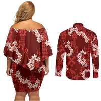 Mokihana Maile and Ilima Leis Couples Matching Off Shoulder Short Dress and Long Sleeve Button Shirt Ulaʻula Hawaiian Tapa Quilt Pattern LT9 - Polynesian Pride