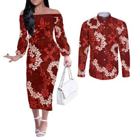 Mokihana Maile and Ilima Leis Couples Matching Off The Shoulder Long Sleeve Dress and Long Sleeve Button Shirt Ulaʻula Hawaiian Tapa Quilt Pattern LT9 Red - Polynesian Pride