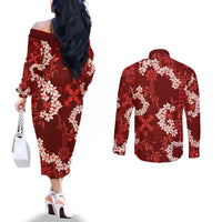 Mokihana Maile and Ilima Leis Couples Matching Off The Shoulder Long Sleeve Dress and Long Sleeve Button Shirt Ulaʻula Hawaiian Tapa Quilt Pattern LT9 - Polynesian Pride