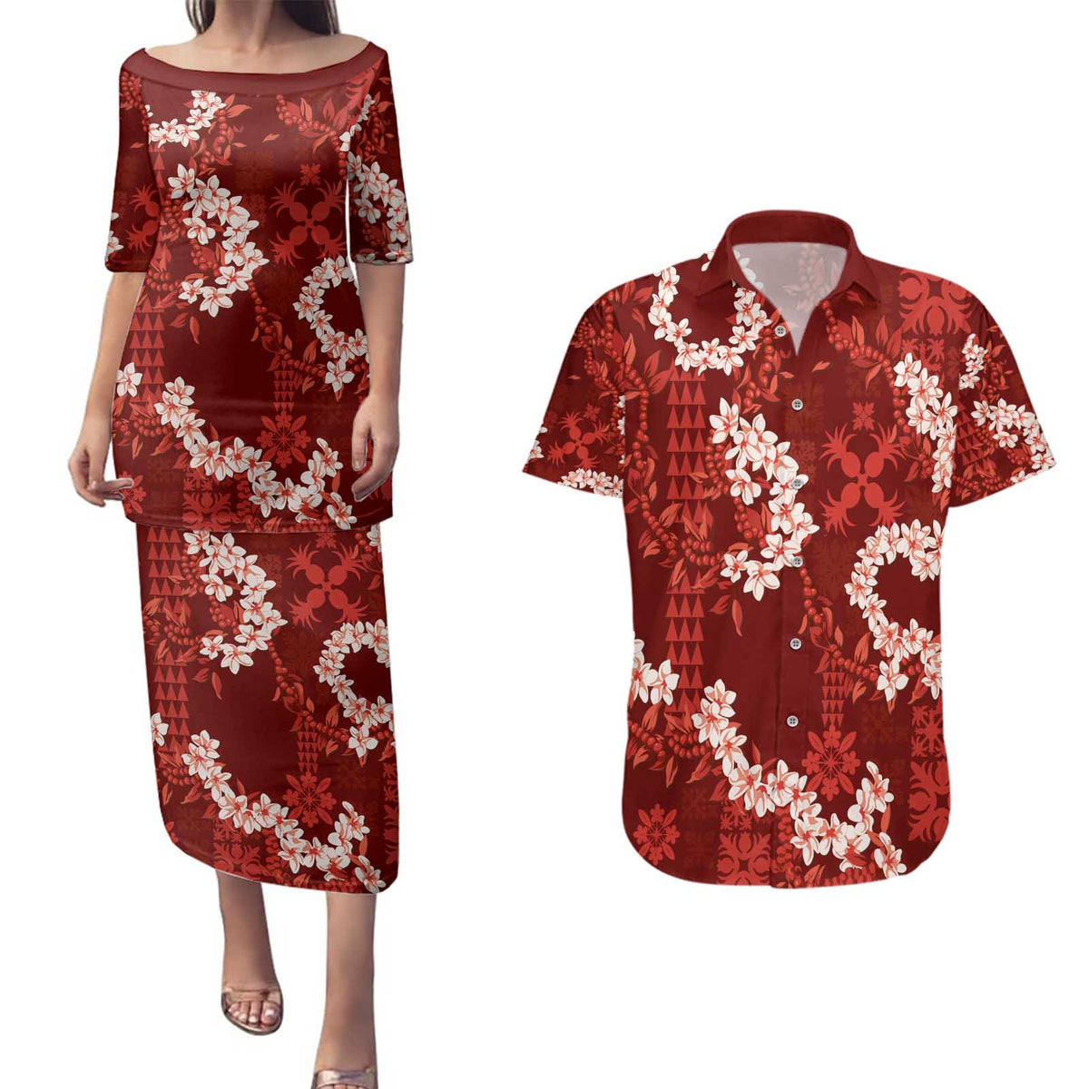 Mokihana Maile and Ilima Leis Couples Matching Puletasi and Hawaiian Shirt Ulaʻula Hawaiian Tapa Quilt Pattern LT9 Red - Polynesian Pride