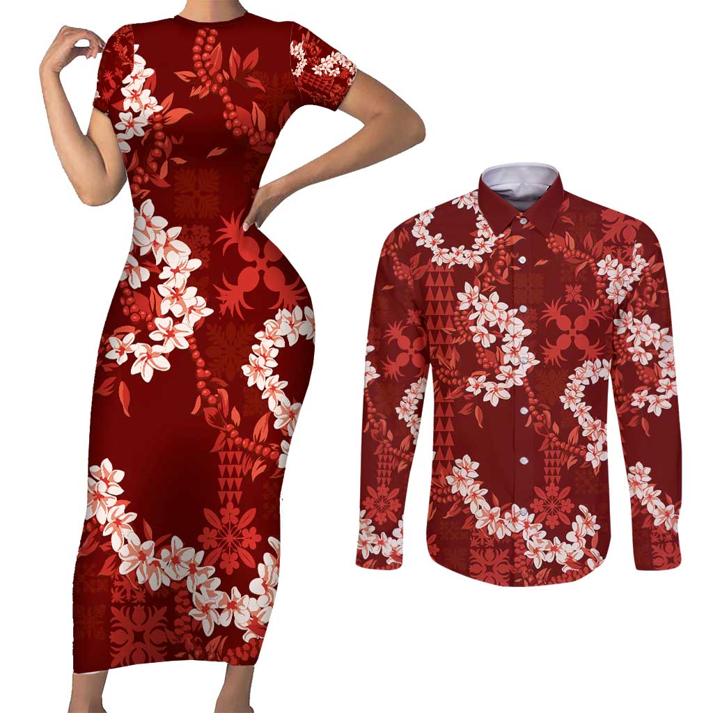 Mokihana Maile and Ilima Leis Couples Matching Short Sleeve Bodycon Dress and Long Sleeve Button Shirt Ulaʻula Hawaiian Tapa Quilt Pattern LT9 Red - Polynesian Pride