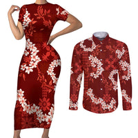 Mokihana Maile and Ilima Leis Couples Matching Short Sleeve Bodycon Dress and Long Sleeve Button Shirt Ulaʻula Hawaiian Tapa Quilt Pattern LT9 Red - Polynesian Pride