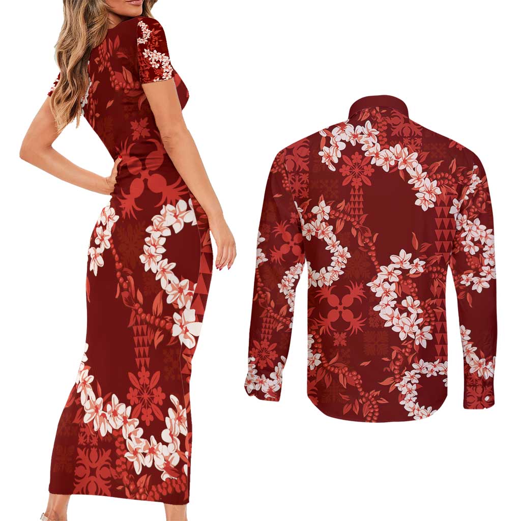 Mokihana Maile and Ilima Leis Couples Matching Short Sleeve Bodycon Dress and Long Sleeve Button Shirt Ulaʻula Hawaiian Tapa Quilt Pattern LT9 - Polynesian Pride