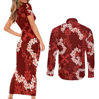 Mokihana Maile and Ilima Leis Couples Matching Short Sleeve Bodycon Dress and Long Sleeve Button Shirt Ulaʻula Hawaiian Tapa Quilt Pattern LT9 - Polynesian Pride