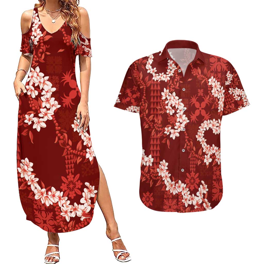 Mokihana Maile and Ilima Leis Couples Matching Summer Maxi Dress and Hawaiian Shirt Ulaʻula Hawaiian Tapa Quilt Pattern LT9 Red - Polynesian Pride