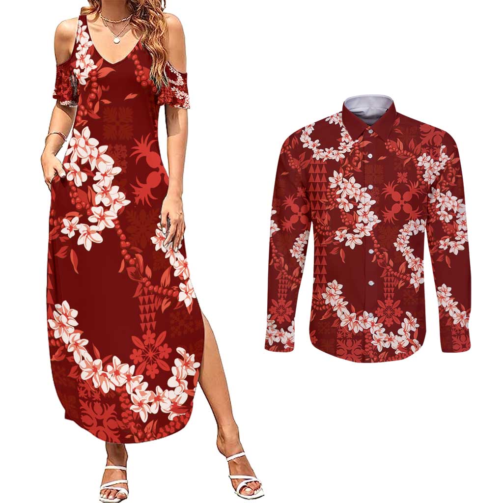 Mokihana Maile and Ilima Leis Couples Matching Summer Maxi Dress and Long Sleeve Button Shirt Ulaʻula Hawaiian Tapa Quilt Pattern LT9 Red - Polynesian Pride