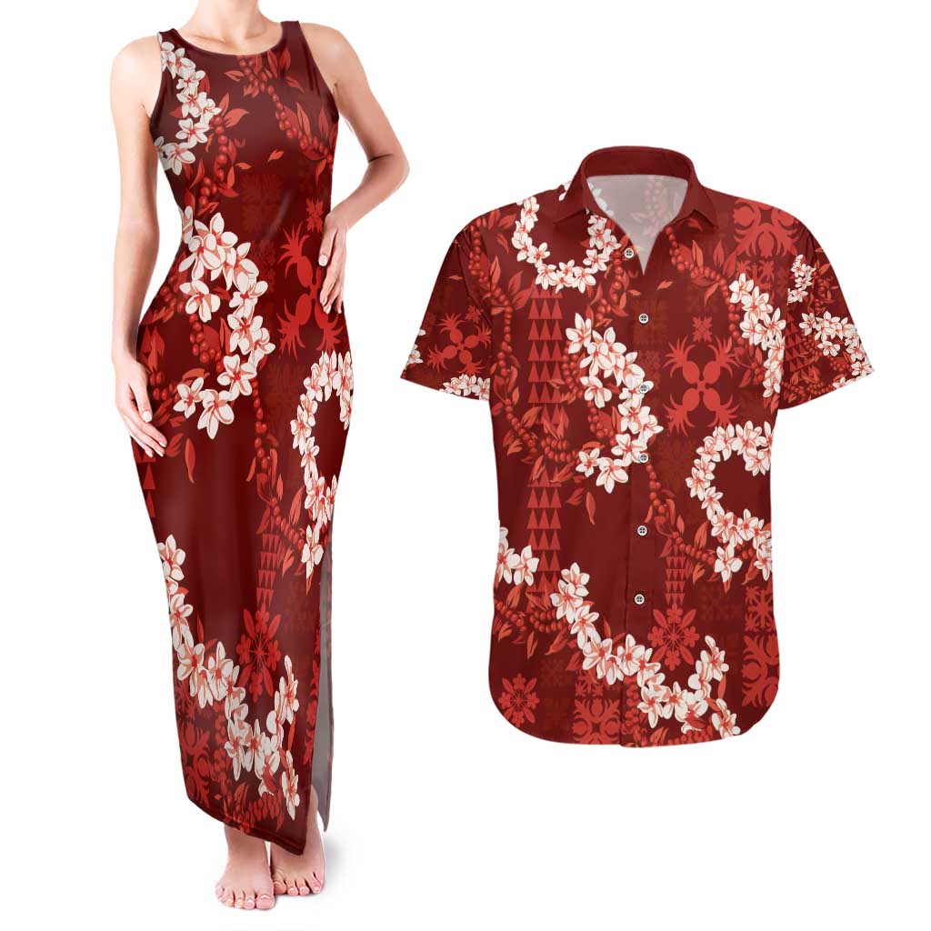 Mokihana Maile and Ilima Leis Couples Matching Tank Maxi Dress and Hawaiian Shirt Ulaʻula Hawaiian Tapa Quilt Pattern LT9 Red - Polynesian Pride