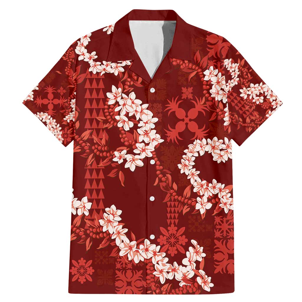 Mokihana Maile and Ilima Leis Family Matching Mermaid Dress and Hawaiian Shirt Ulaʻula Hawaiian Tapa Quilt Pattern LT9 Dad's Shirt - Short Sleeve Red - Polynesian Pride
