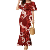 Mokihana Maile and Ilima Leis Family Matching Mermaid Dress and Hawaiian Shirt Ulaʻula Hawaiian Tapa Quilt Pattern LT9 Mom's Dress Red - Polynesian Pride