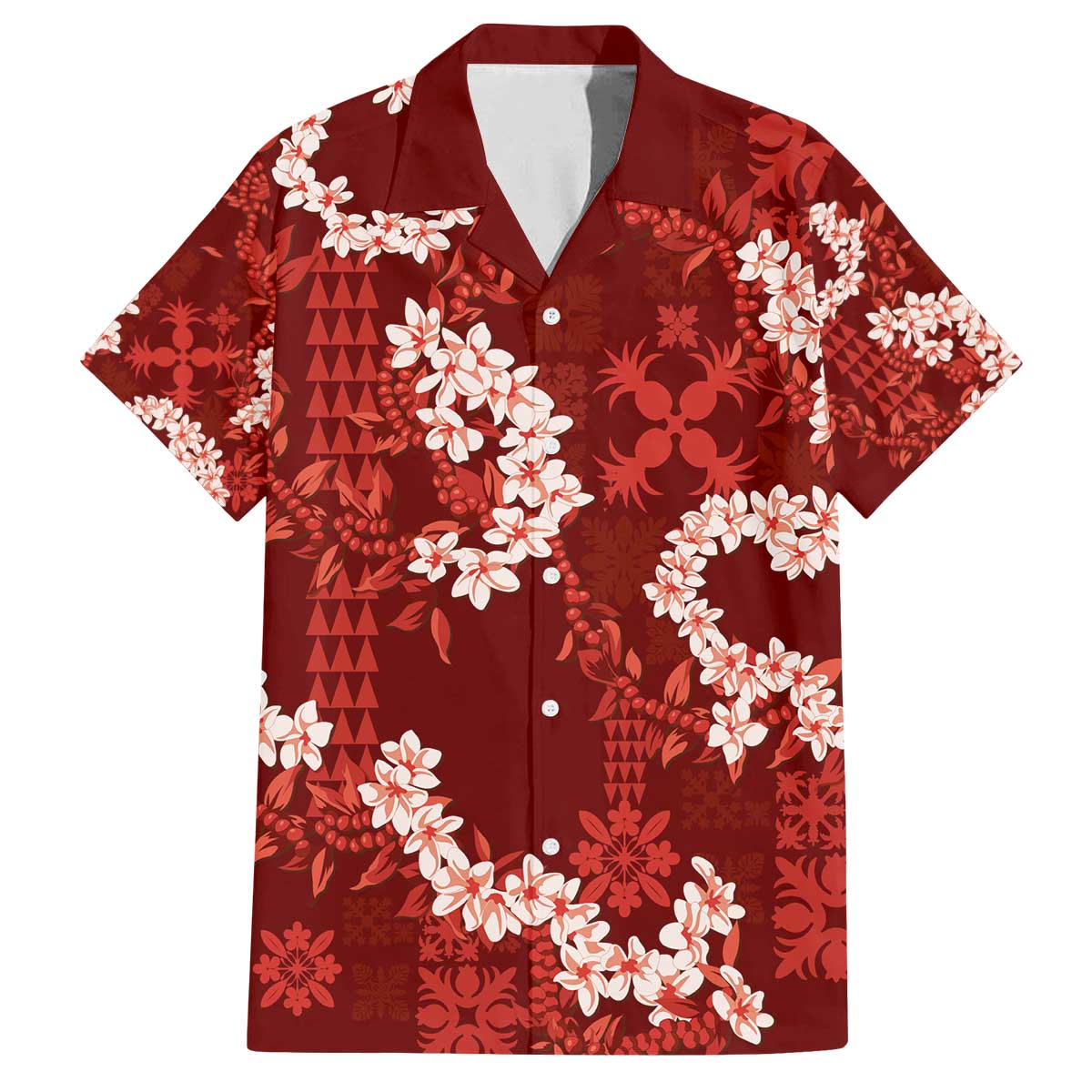 Mokihana Maile and Ilima Leis Family Matching Off The Shoulder Long Sleeve Dress and Hawaiian Shirt Ulaʻula Hawaiian Tapa Quilt Pattern LT9 Dad's Shirt - Short Sleeve Red - Polynesian Pride