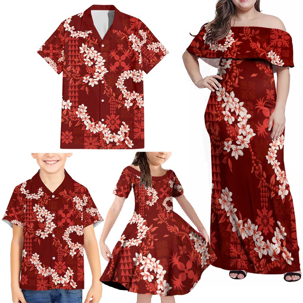 Mokihana Maile and Ilima Leis Family Matching Off Shoulder Maxi Dress and Hawaiian Shirt Ulaʻula Hawaiian Tapa Quilt Pattern LT9 - Polynesian Pride