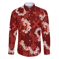 Mokihana Maile and Ilima Leis Family Matching Off Shoulder Maxi Dress and Hawaiian Shirt Ulaʻula Hawaiian Tapa Quilt Pattern LT9 Dad's Shirt - Long Sleeve Red - Polynesian Pride