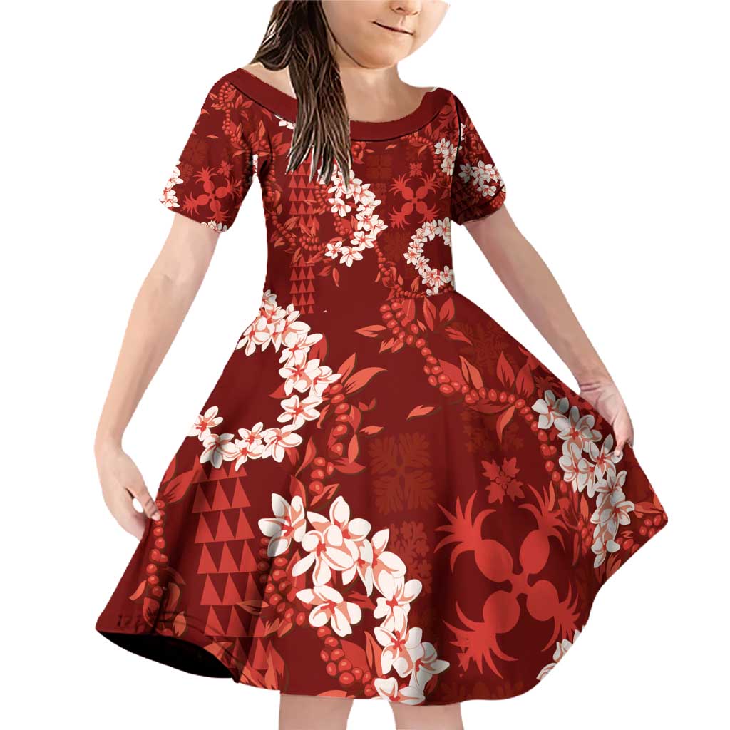 Mokihana Maile and Ilima Leis Family Matching Off Shoulder Short Dress and Hawaiian Shirt Ulaʻula Hawaiian Tapa Quilt Pattern LT9 Daughter's Dress Red - Polynesian Pride