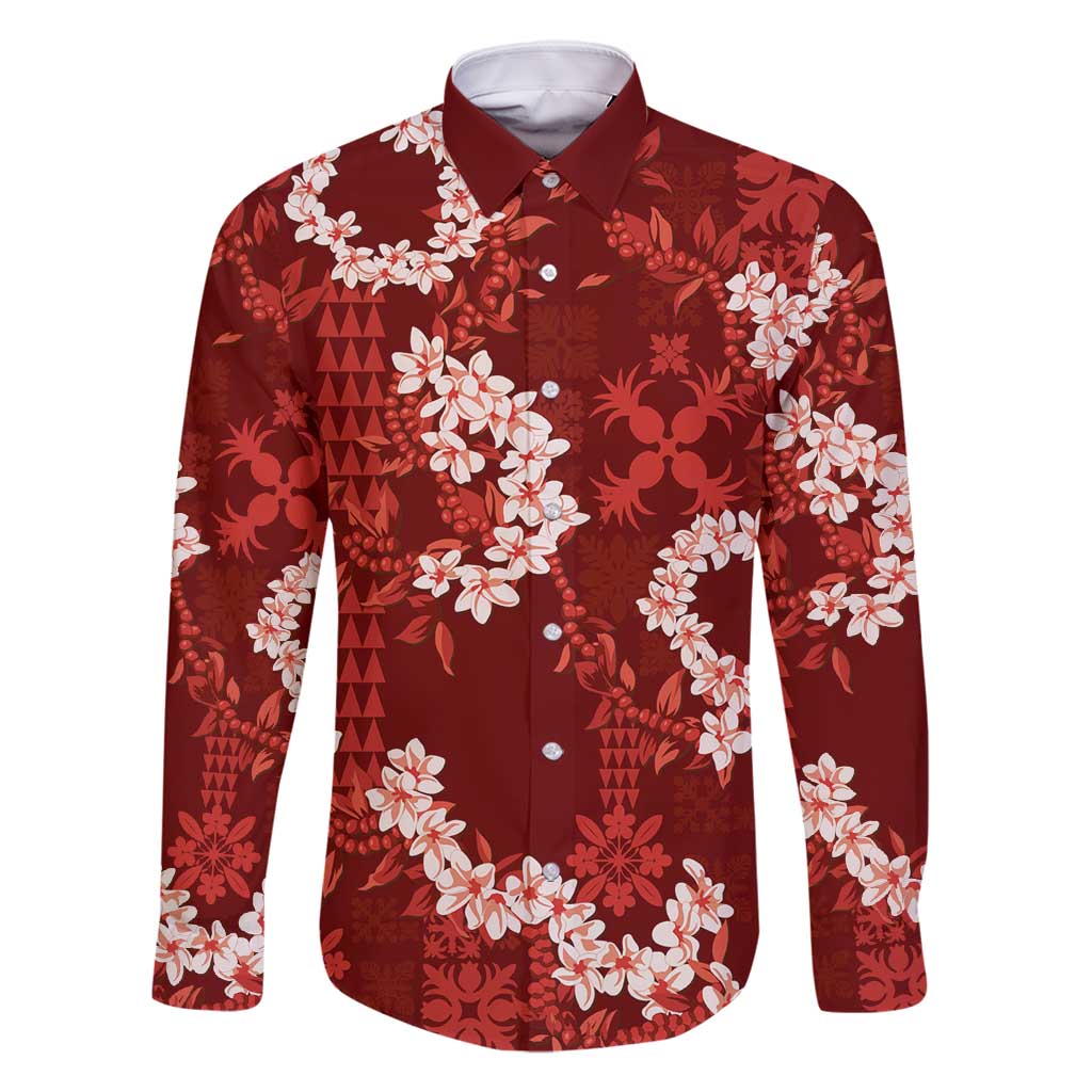 Mokihana Maile and Ilima Leis Family Matching Off Shoulder Short Dress and Hawaiian Shirt Ulaʻula Hawaiian Tapa Quilt Pattern LT9 Dad's Shirt - Long Sleeve Red - Polynesian Pride