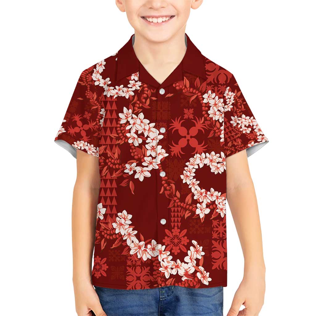 Mokihana Maile and Ilima Leis Family Matching Off Shoulder Short Dress and Hawaiian Shirt Ulaʻula Hawaiian Tapa Quilt Pattern LT9 Son's Shirt Red - Polynesian Pride