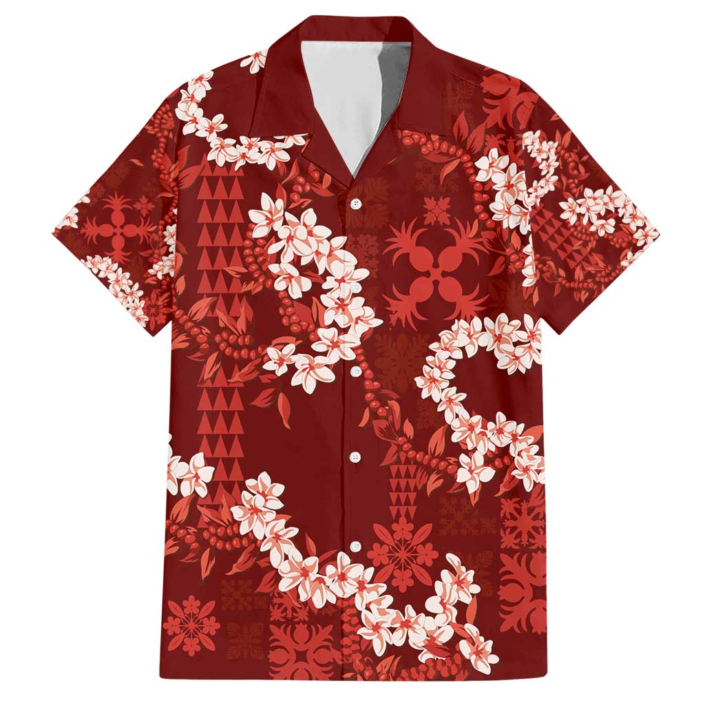 Mokihana Maile and Ilima Leis Family Matching Short Sleeve Bodycon Dress and Hawaiian Shirt Ulaʻula Hawaiian Tapa Quilt Pattern LT9 Dad's Shirt - Short Sleeve Red - Polynesian Pride