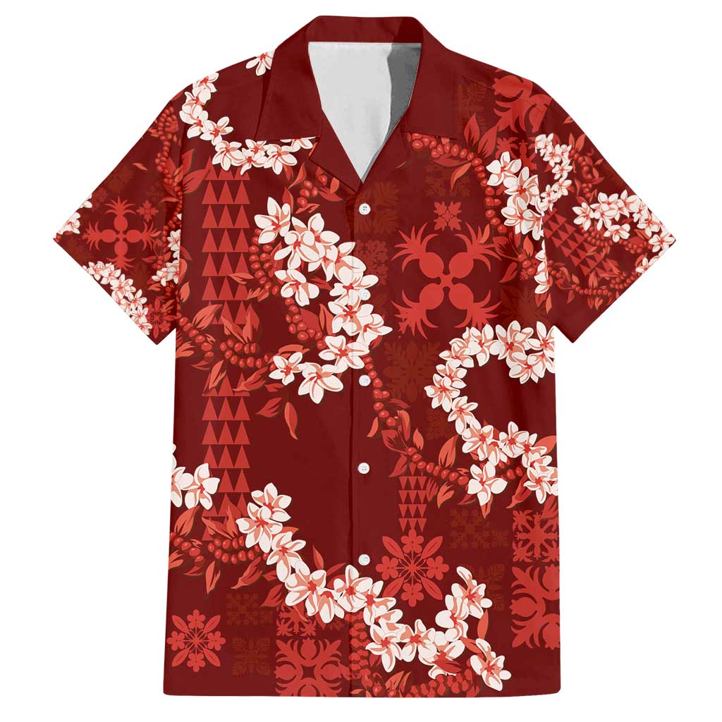 Mokihana Maile and Ilima Leis Family Matching Summer Maxi Dress and Hawaiian Shirt Ulaʻula Hawaiian Tapa Quilt Pattern LT9 Dad's Shirt - Short Sleeve Red - Polynesian Pride