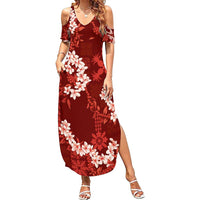 Mokihana Maile and Ilima Leis Family Matching Summer Maxi Dress and Hawaiian Shirt Ulaʻula Hawaiian Tapa Quilt Pattern LT9 Mom's Dress Red - Polynesian Pride
