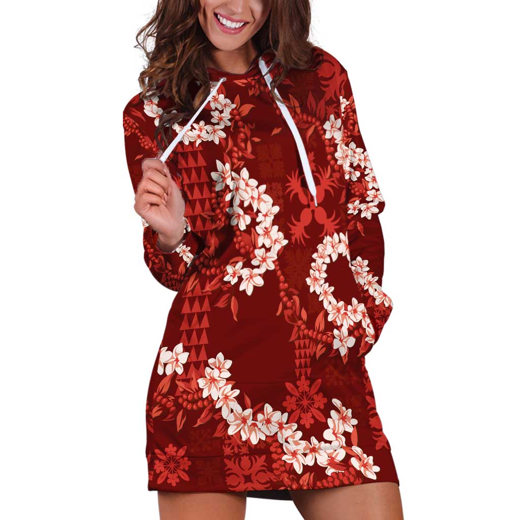 Mokihana Maile and Ilima Leis Hoodie Dress Ulaʻula Hawaiian Tapa Quilt Pattern LT9 Red - Polynesian Pride