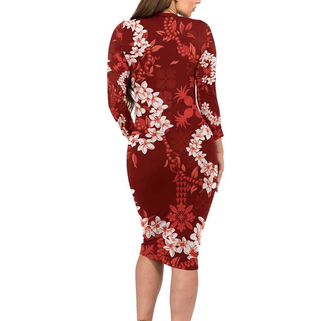 Mokihana Maile and Ilima Leis Long Sleeve Bodycon Dress Ulaʻula Hawaiian Tapa Quilt Pattern - Polynesian Pride