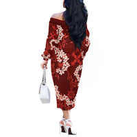 Mokihana Maile and Ilima Leis Off The Shoulder Long Sleeve Dress Ulaʻula Hawaiian Tapa Quilt Pattern LT9 - Polynesian Pride