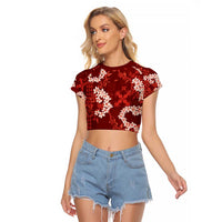 Mokihana Maile and Ilima Leis Raglan Cropped T Shirt Ulaʻula Hawaiian Tapa Quilt Pattern - Polynesian Pride