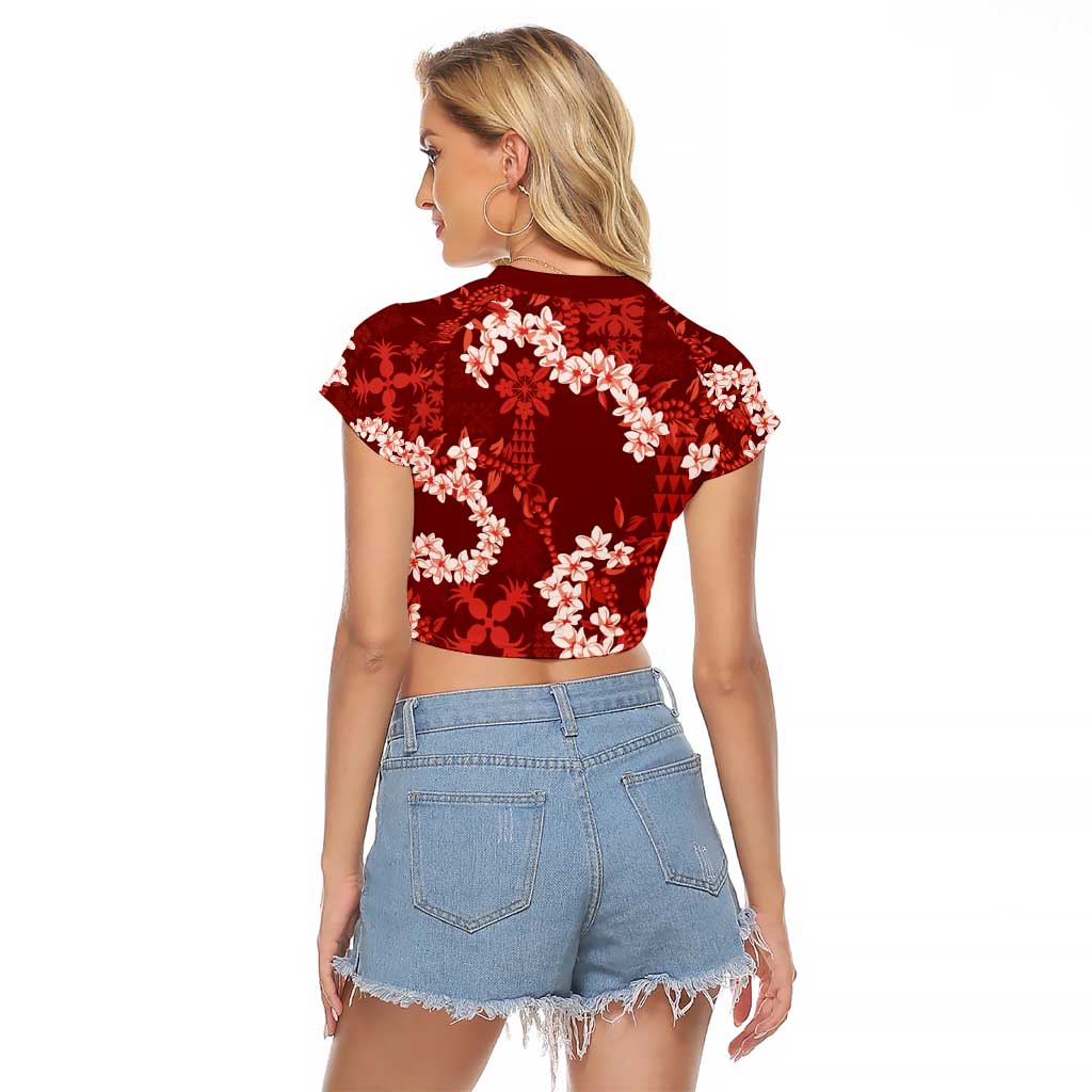 Mokihana Maile and Ilima Leis Raglan Cropped T Shirt Ulaʻula Hawaiian Tapa Quilt Pattern - Polynesian Pride