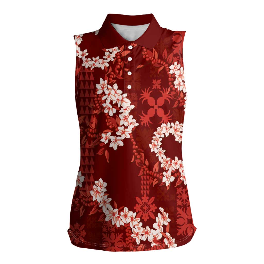 Mokihana Maile and Ilima Leis Women Sleeveless Polo Shirt Ulaʻula Hawaiian Tapa Quilt Pattern LT9 Female Red - Polynesian Pride