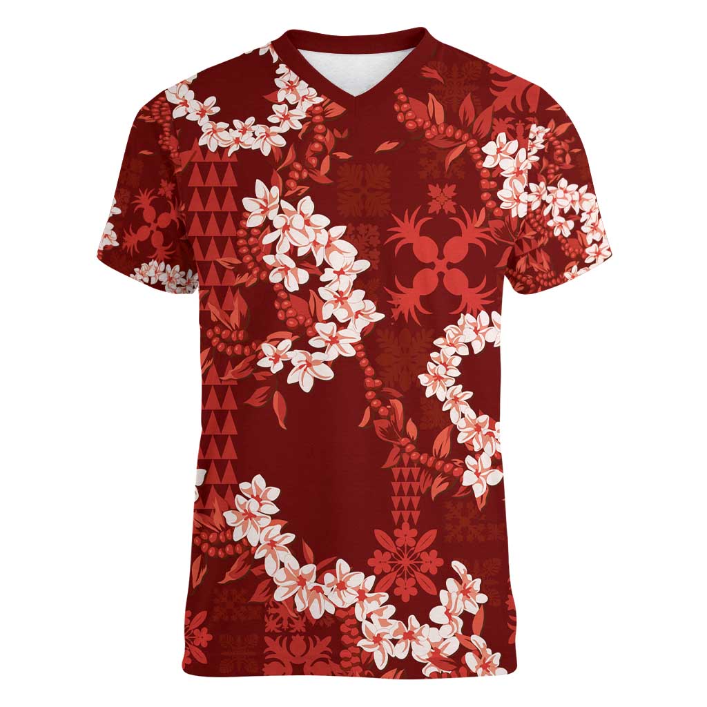 Mokihana Maile and Ilima Leis Women V-Neck T-Shirt Ulaʻula Hawaiian Tapa Quilt Pattern LT9 Female Red - Polynesian Pride