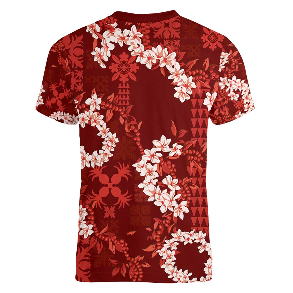 Mokihana Maile and Ilima Leis Women V-Neck T-Shirt Ulaʻula Hawaiian Tapa Quilt Pattern LT9 - Polynesian Pride