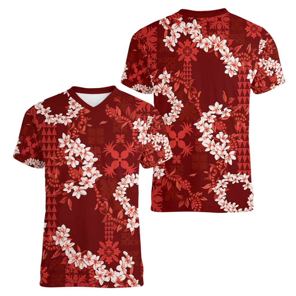 Mokihana Maile and Ilima Leis Women V-Neck T-Shirt Ulaʻula Hawaiian Tapa Quilt Pattern LT9 - Polynesian Pride