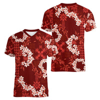 Mokihana Maile and Ilima Leis Women V-Neck T-Shirt Ulaʻula Hawaiian Tapa Quilt Pattern LT9 - Polynesian Pride