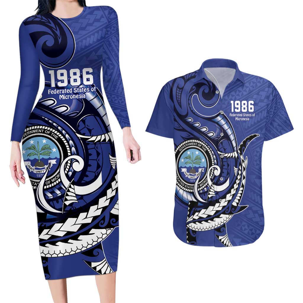 Personalized FSM 1986 Independence Day Couples Matching Long Sleeve Bodycon Dress and Hawaiian Shirt Polynesian Shark Tattoo Style LT9 Blue - Polynesian Pride