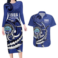 Personalized FSM 1986 Independence Day Couples Matching Long Sleeve Bodycon Dress and Hawaiian Shirt Polynesian Shark Tattoo Style LT9 Blue - Polynesian Pride