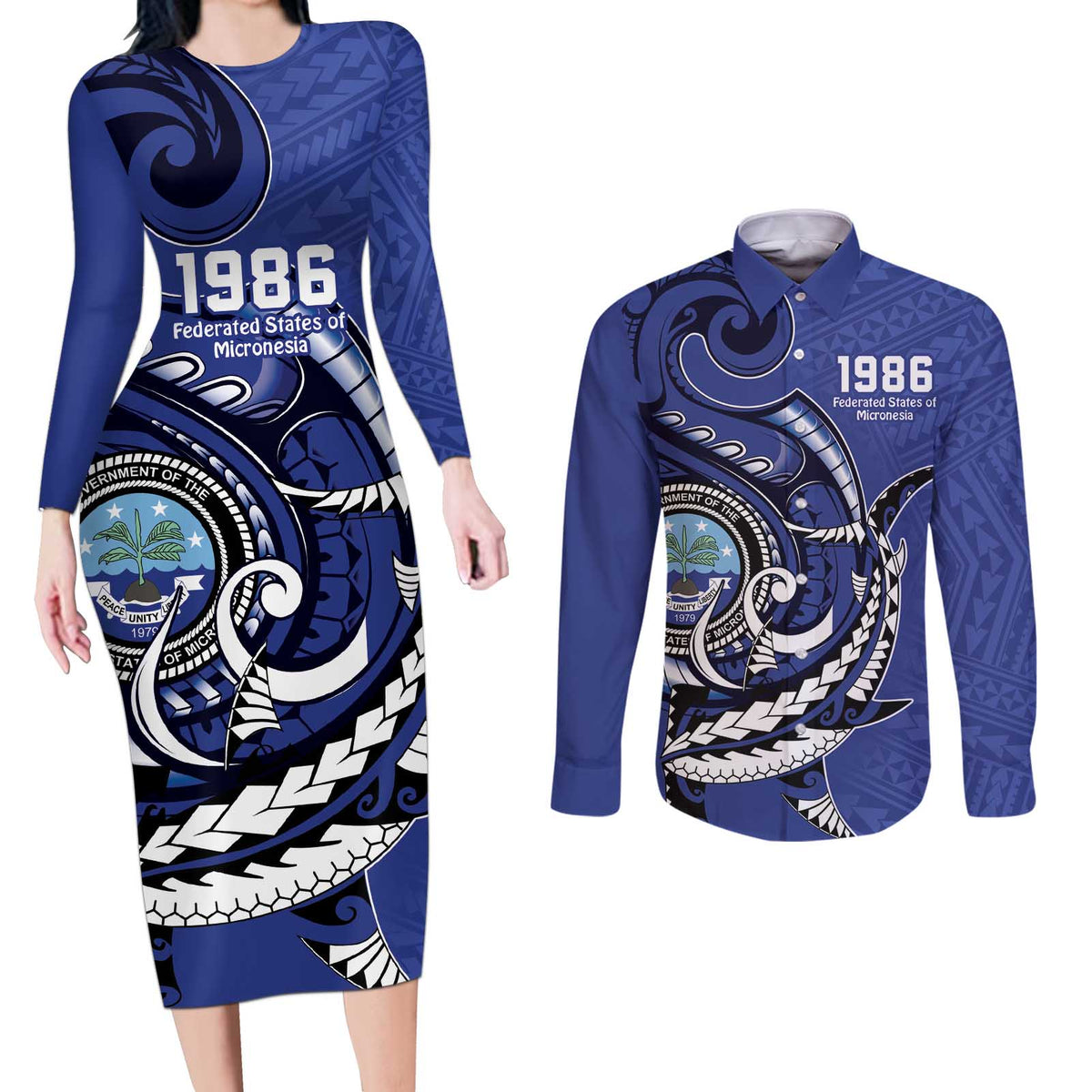 Personalized FSM 1986 Independence Day Couples Matching Long Sleeve Bodycon Dress and Long Sleeve Button Shirt Polynesian Shark Tattoo Style LT9 Blue - Polynesian Pride