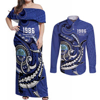 Personalized FSM 1986 Independence Day Couples Matching Off Shoulder Maxi Dress and Long Sleeve Button Shirt Polynesian Shark Tattoo Style LT9 Blue - Polynesian Pride