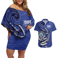 Personalized FSM 1986 Independence Day Couples Matching Off Shoulder Short Dress and Hawaiian Shirt Polynesian Shark Tattoo Style LT9 Blue - Polynesian Pride