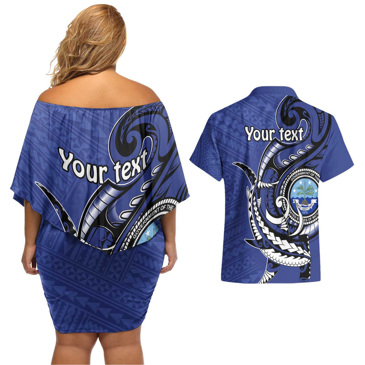 Personalized FSM 1986 Independence Day Couples Matching Off Shoulder Short Dress and Hawaiian Shirt Polynesian Shark Tattoo Style LT9 - Polynesian Pride