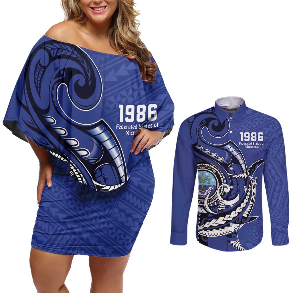 Personalized FSM 1986 Independence Day Couples Matching Off Shoulder Short Dress and Long Sleeve Button Shirt Polynesian Shark Tattoo Style LT9 Blue - Polynesian Pride