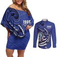 Personalized FSM 1986 Independence Day Couples Matching Off Shoulder Short Dress and Long Sleeve Button Shirt Polynesian Shark Tattoo Style LT9 Blue - Polynesian Pride