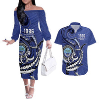 Personalized FSM 1986 Independence Day Couples Matching Off The Shoulder Long Sleeve Dress and Hawaiian Shirt Polynesian Shark Tattoo Style LT9 Blue - Polynesian Pride