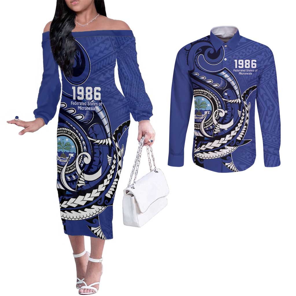 Personalized FSM 1986 Independence Day Couples Matching Off The Shoulder Long Sleeve Dress and Long Sleeve Button Shirt Polynesian Shark Tattoo Style LT9 Blue - Polynesian Pride