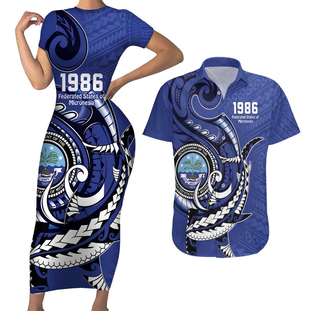 Personalized FSM 1986 Independence Day Couples Matching Short Sleeve Bodycon Dress and Hawaiian Shirt Polynesian Shark Tattoo Style LT9 Blue - Polynesian Pride