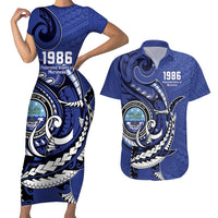 Personalized FSM 1986 Independence Day Couples Matching Short Sleeve Bodycon Dress and Hawaiian Shirt Polynesian Shark Tattoo Style LT9 Blue - Polynesian Pride