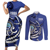 Personalized FSM 1986 Independence Day Couples Matching Short Sleeve Bodycon Dress and Long Sleeve Button Shirt Polynesian Shark Tattoo Style LT9 Blue - Polynesian Pride