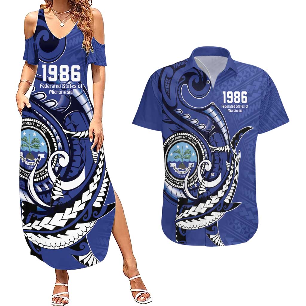 Personalized FSM 1986 Independence Day Couples Matching Summer Maxi Dress and Hawaiian Shirt Polynesian Shark Tattoo Style LT9 Blue - Polynesian Pride