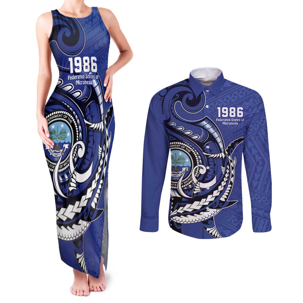 Personalized FSM 1986 Independence Day Couples Matching Tank Maxi Dress and Long Sleeve Button Shirt Polynesian Shark Tattoo Style LT9 Blue - Polynesian Pride