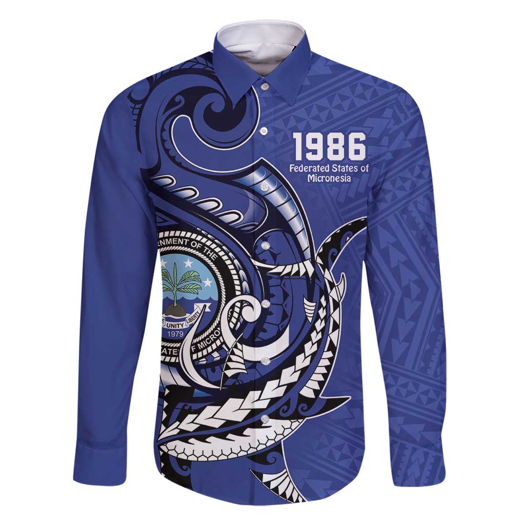 Personalized FSM 1986 Independence Day Family Matching Long Sleeve Bodycon Dress and Hawaiian Shirt Polynesian Shark Tattoo Style LT9 Dad's Shirt - Long Sleeve Blue - Polynesian Pride